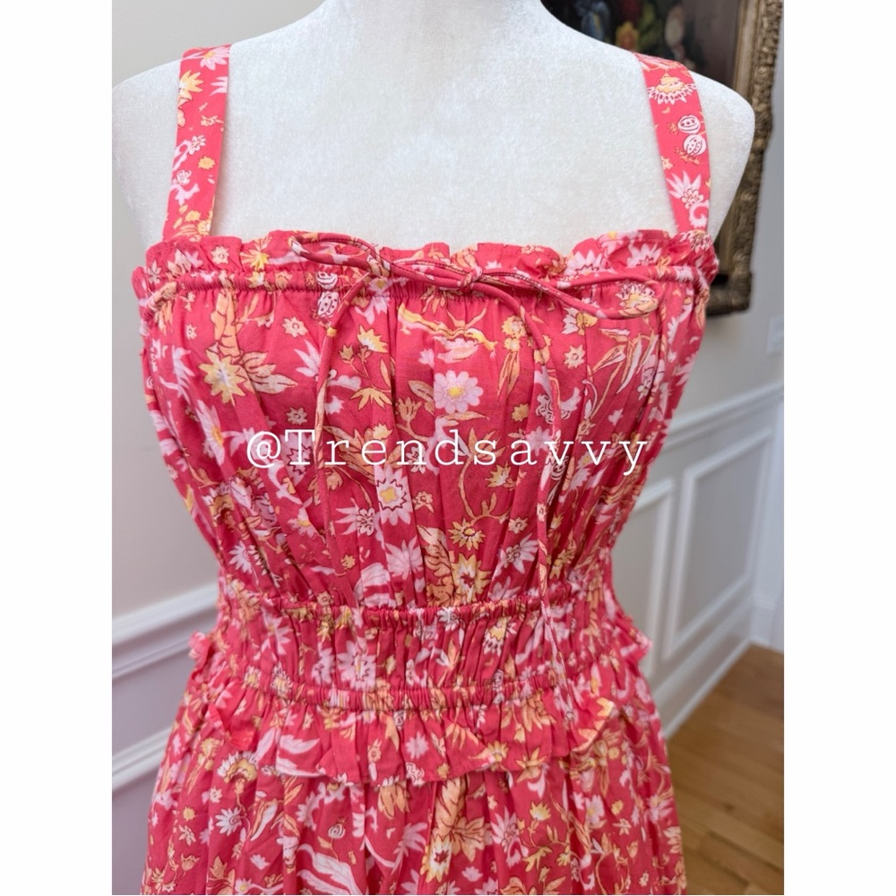 J.Crew Sunny Blooms Pink Floral Smocked Cotton Midi Dress Pockets Ruffle M - Picture 8 of 10